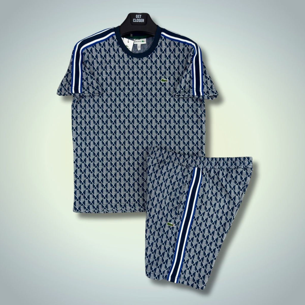 Komplet męski Lacoste z szortami, żakardowy monogram, granatowy. Jakość premium
