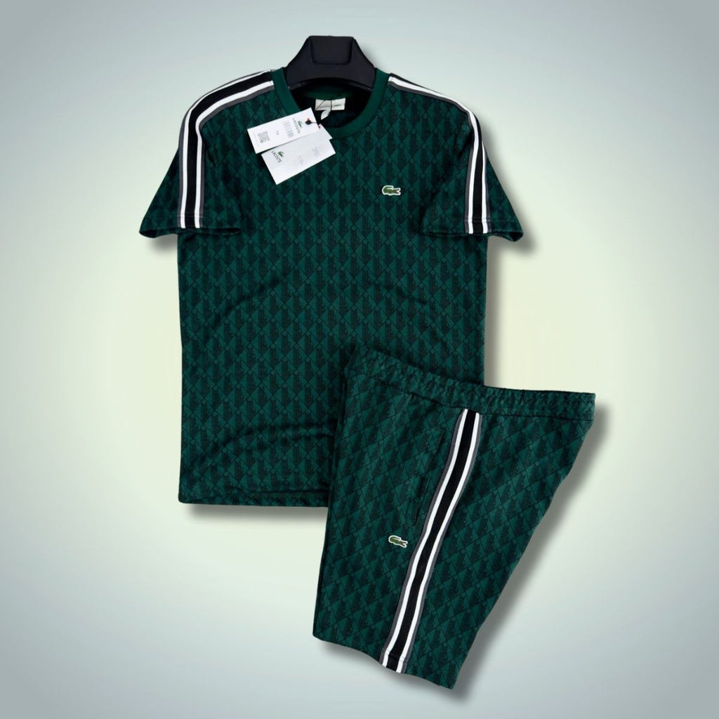 Komplet męski Lacoste ze spodenkami, żakardowy monogram, ciemnozielony. Jakość premium