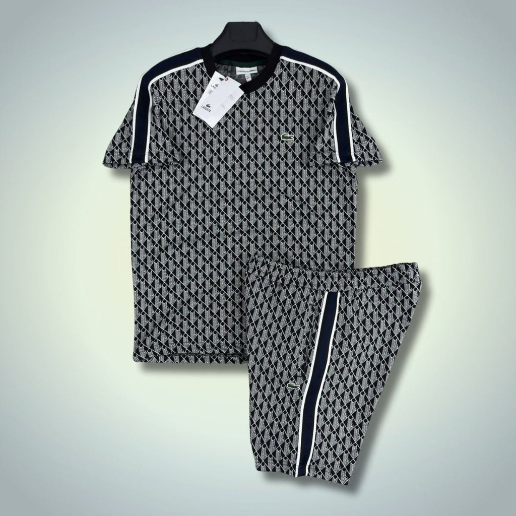 Komplet męski Lacoste ze spodenkami, żakardowy monogram, czarno-granatowy. Jakość premium
