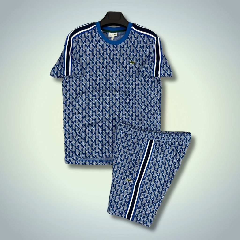 Komplet męski Lacoste z szortami, żakardowy monogram, niebieski. Jakość premium