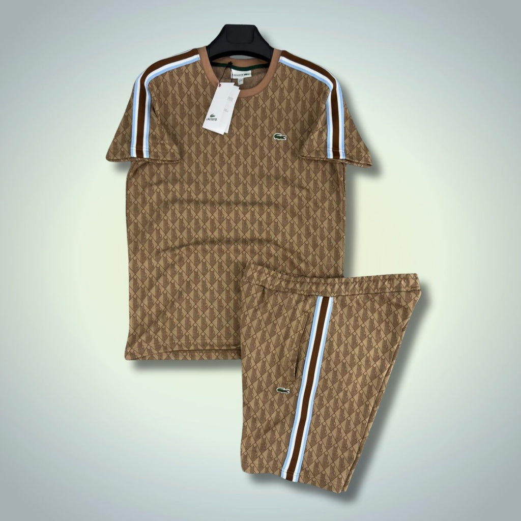 Komplet męski Lacoste z szortami, żakardowy monogram, brązowy. Jakość premium