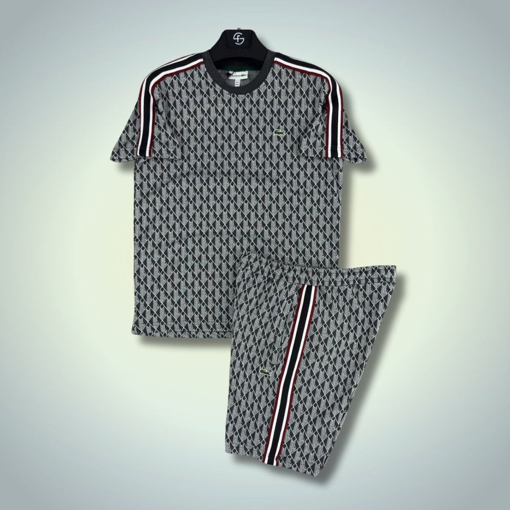 Komplet męski Lacoste z szortami, żakardowy monogram, grafitowy. Jakość premium