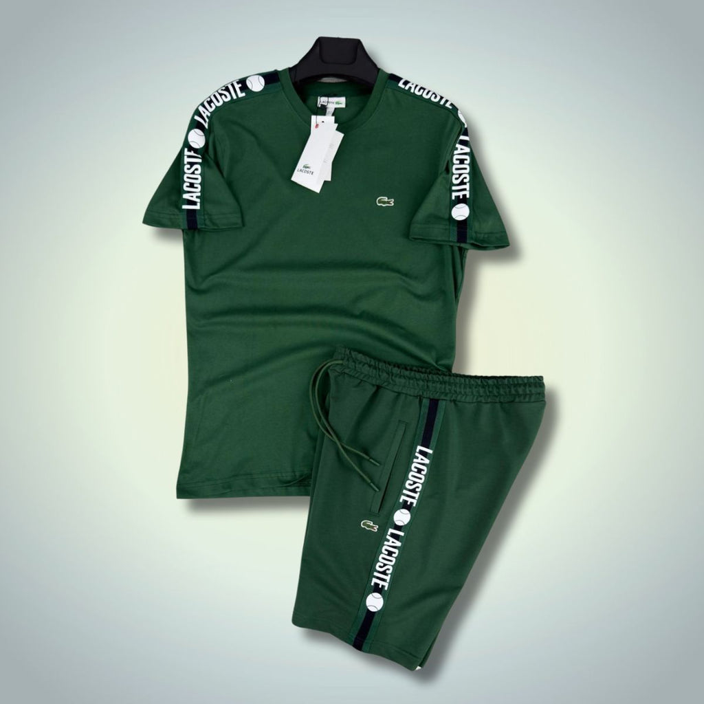 Komplet męski Lacoste z szortami, pasek z logo, zielony. Jakość premium