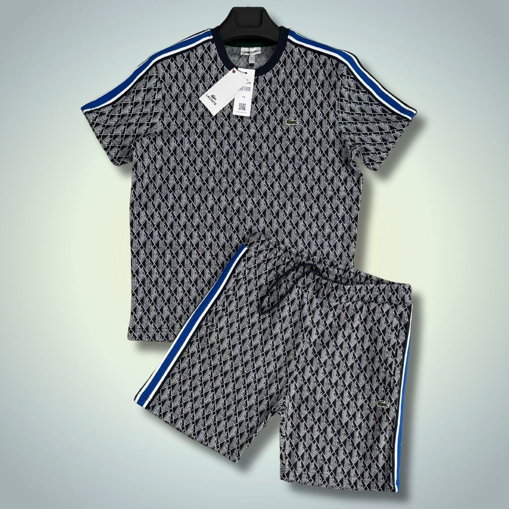 Męski komplet Lacoste z szortami, Jacquard, czarno-biały, niebieski pasek. Jakość premium