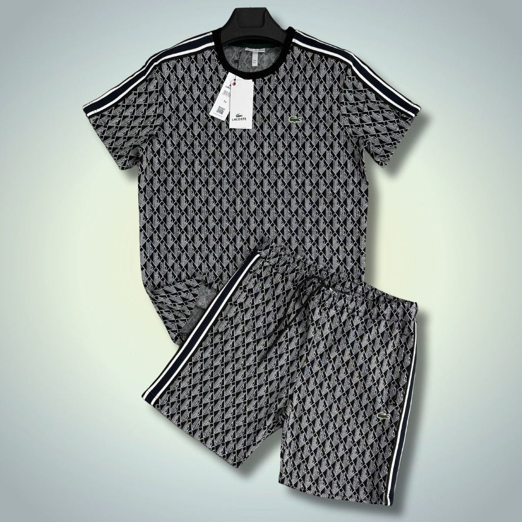 Męski komplet Lacoste z szortami, Jacquard, czarno-biały. Jakość premium