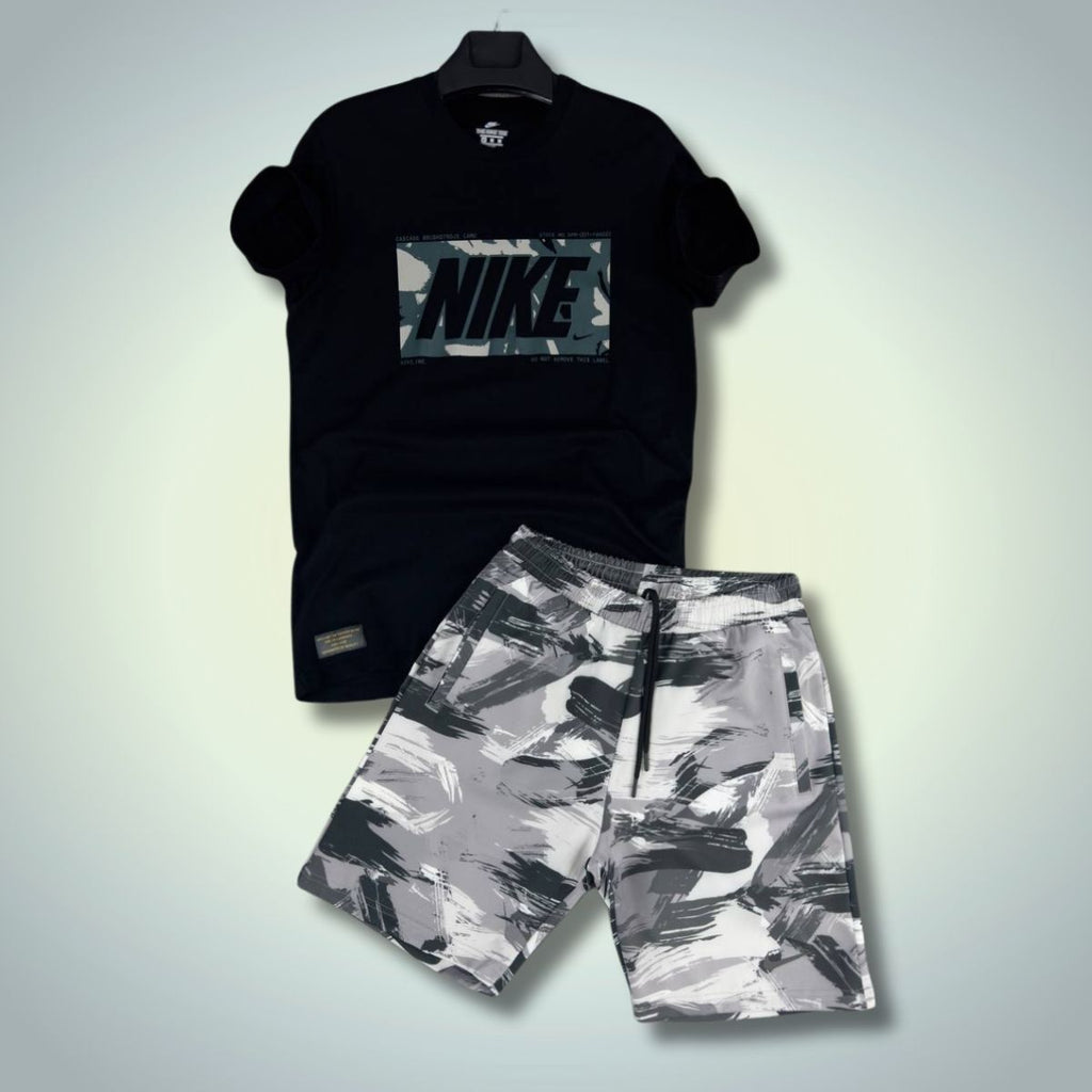 Komplet męski Nike ze spodenkami, nadruk Camo, czarno-szary. Jakość premium