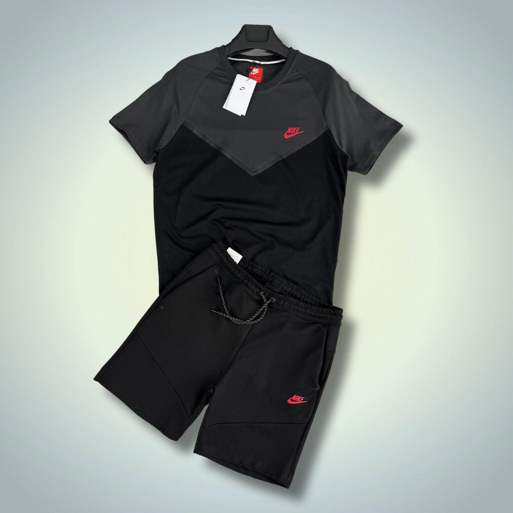 Komplet męski Nike Tech Fleece z szortami, czarno-grafitowy, czerwone logo. Jakość premium