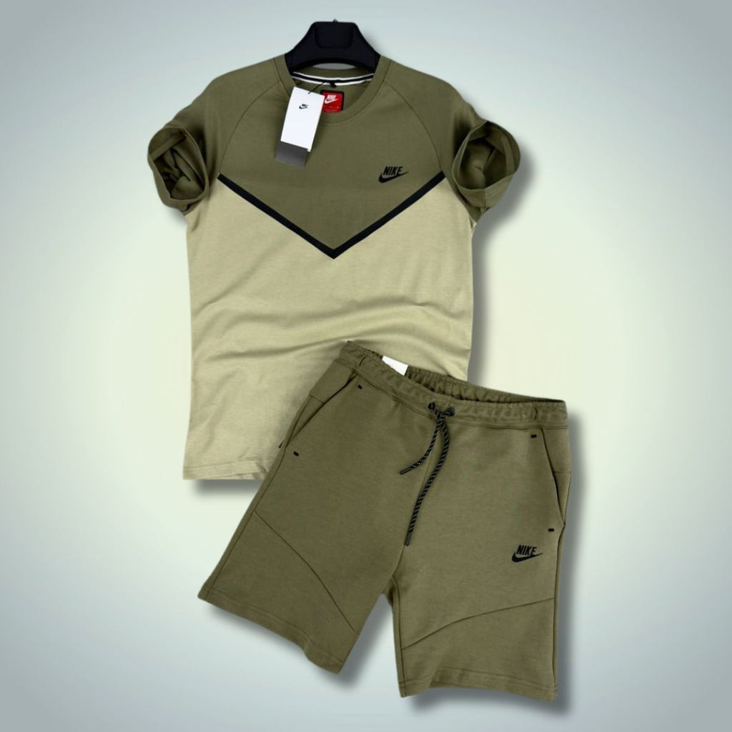 Komplet męski Nike Tech Fleece ze spodenkAM, oliwkowy - jasnozielony. Jakość premium