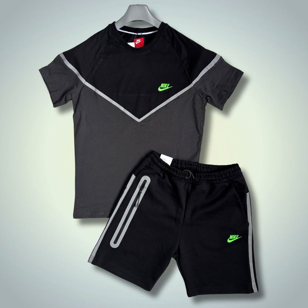 Komplet męski Nike Reflective Tech Fleece z szortami, zielone logo, czarno-grafitowy. Jakość premium