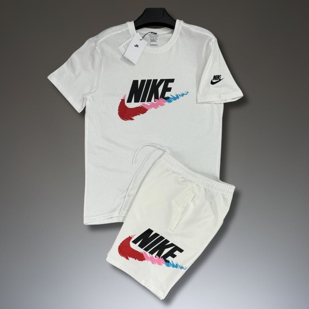 Komplet męski Nike z szortami, duże klasyczne logo, biały. Jakość premium