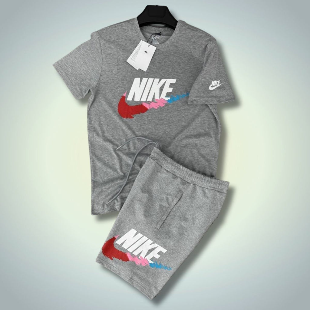 Komplet męski Nike z szortami, duże klasyczne logo, klasyczna szarość. Jakość premium