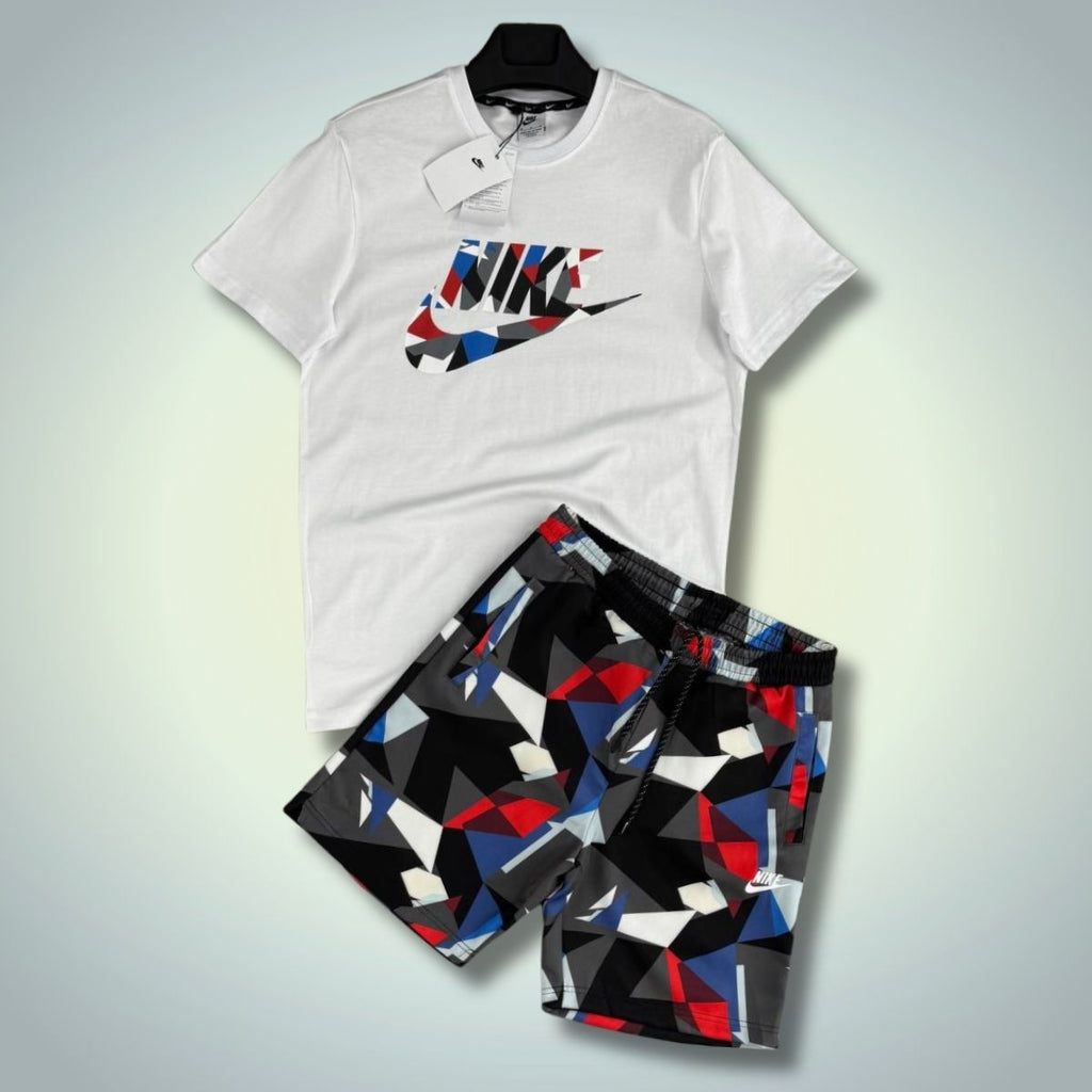 Komplet męski Nike z szortami, kolorowy kamuflaż, biały. Jakość premium