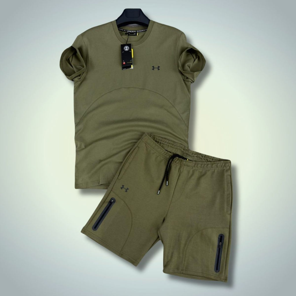 Komplet męski Under Armour ze spodenkami, kolor oliwkowy. Jakość premium