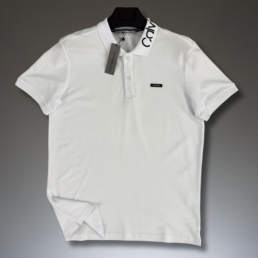 Męska koszulka polo Calvin Klein, logo na kołnierzyku, biała. Jakość premium