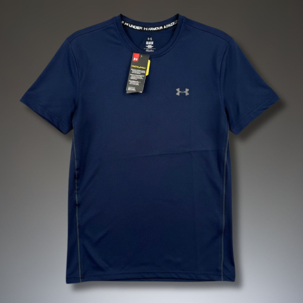 Męska granatowa koszulka Under Armour, duże logo na plecach. Premium jakość