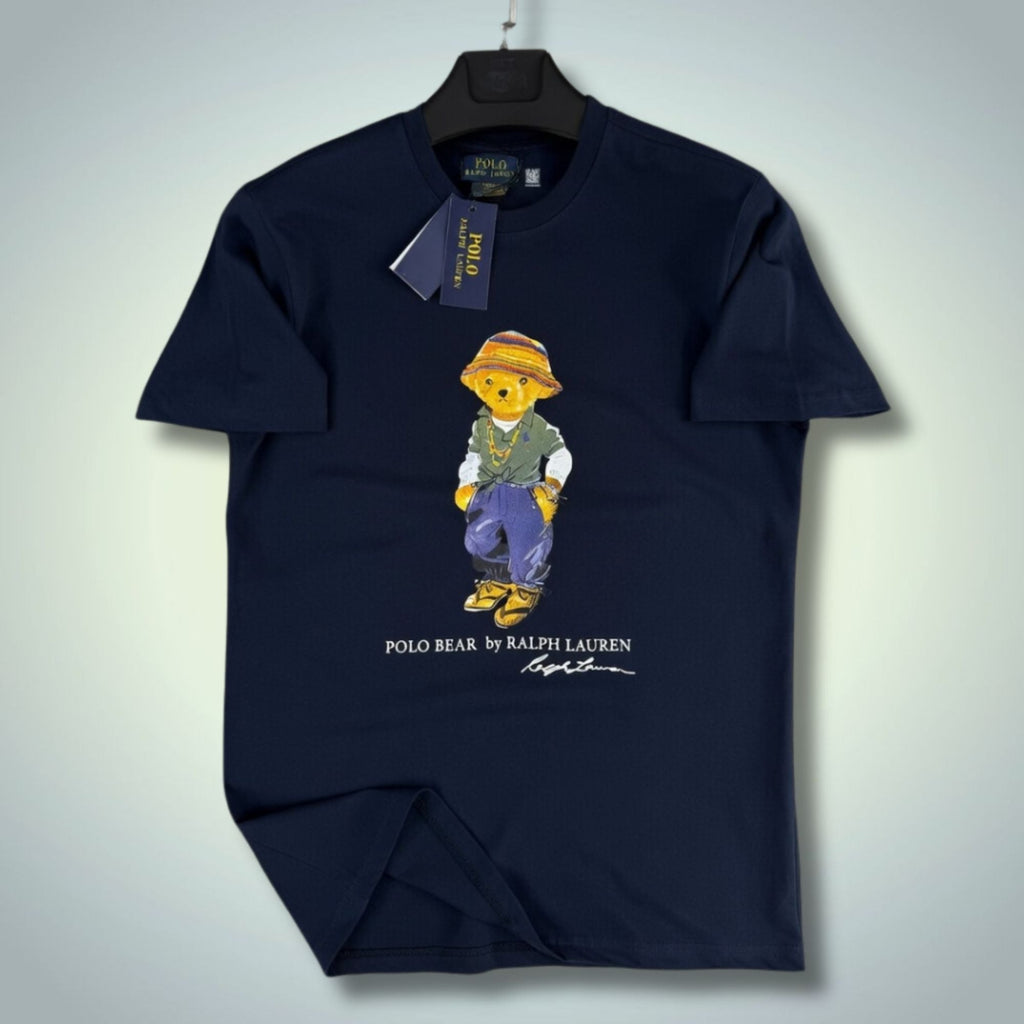 Męska granatowa koszulka Ralph Lauren, nadruk miś. Premium jakość