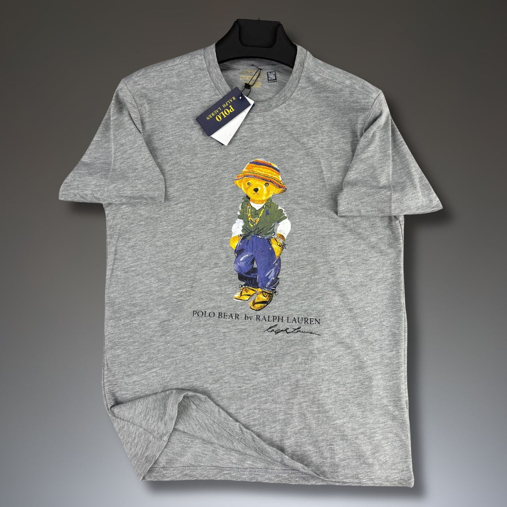 Męska klasyczna szara koszulka Ralph Lauren, nadruk miś. Premium jakość