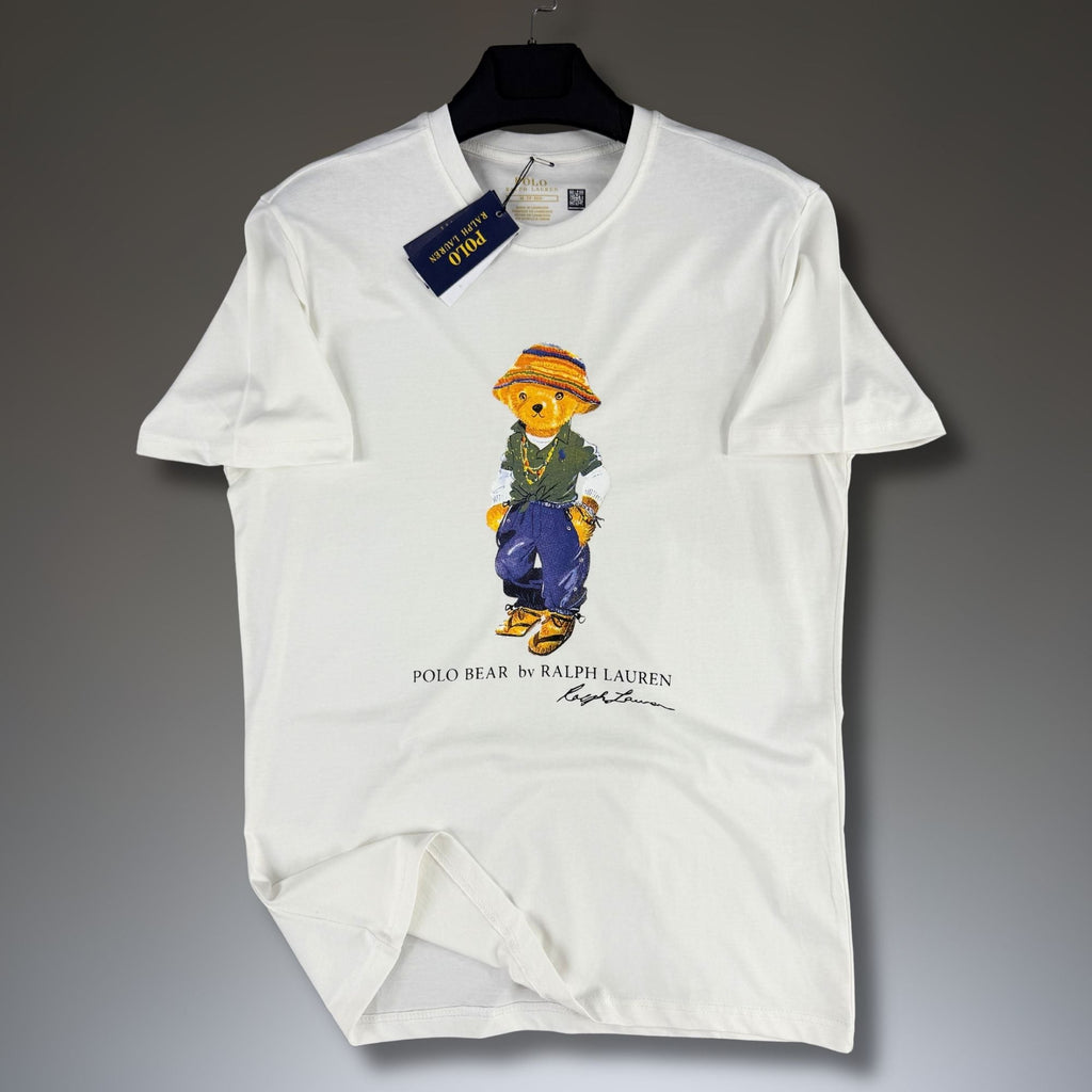 Męska biała koszulka Ralph Lauren, nadruk miś. Premium jakość