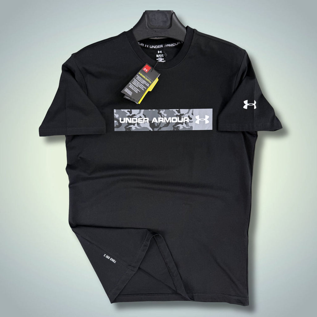 Męska czarna koszulka Under Armour, kamuflażowe logo. Premium jakość