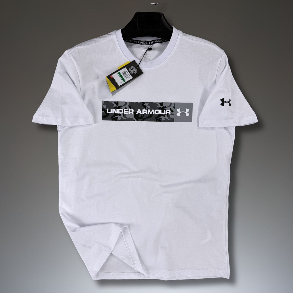 Męska biała koszulka Under Armour, kamuflażowe logo. Premium jakość