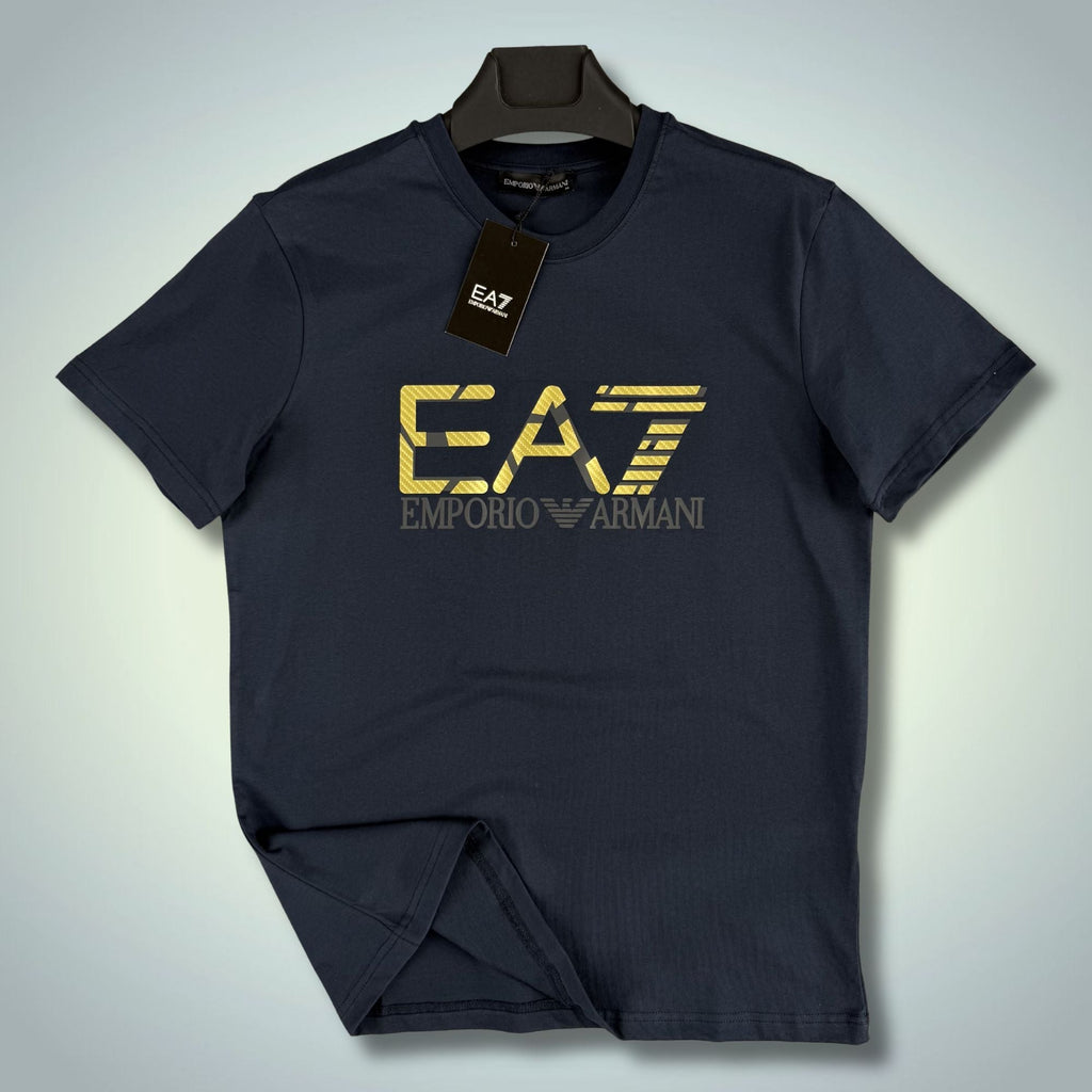 Męska ciemno niebieska koszulka EA7, duże logo. Premium jakość