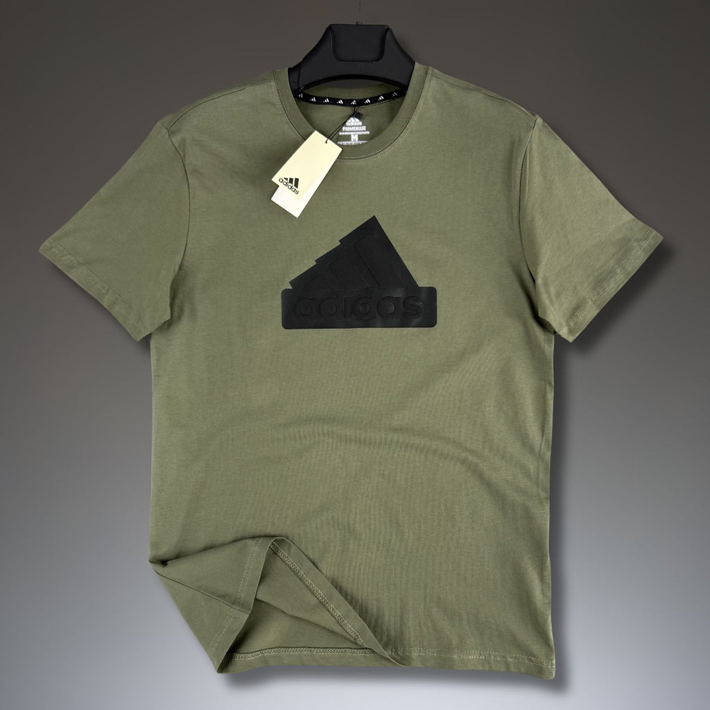 Męska oliwkowo zielona koszulka Adidas, duże logo. Premium jakość