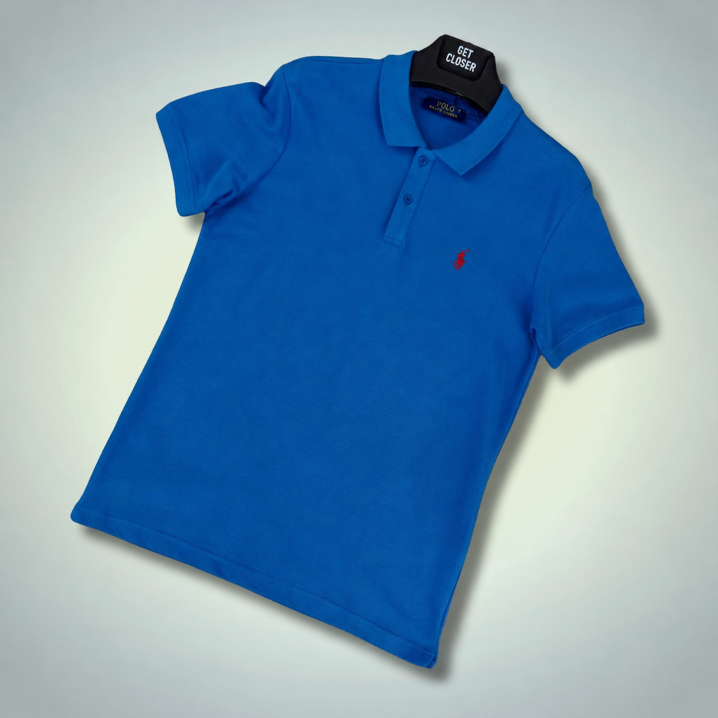 Męska koszulka polo Ralph Lauren, czerwone logo, niebieska. Jakość premium