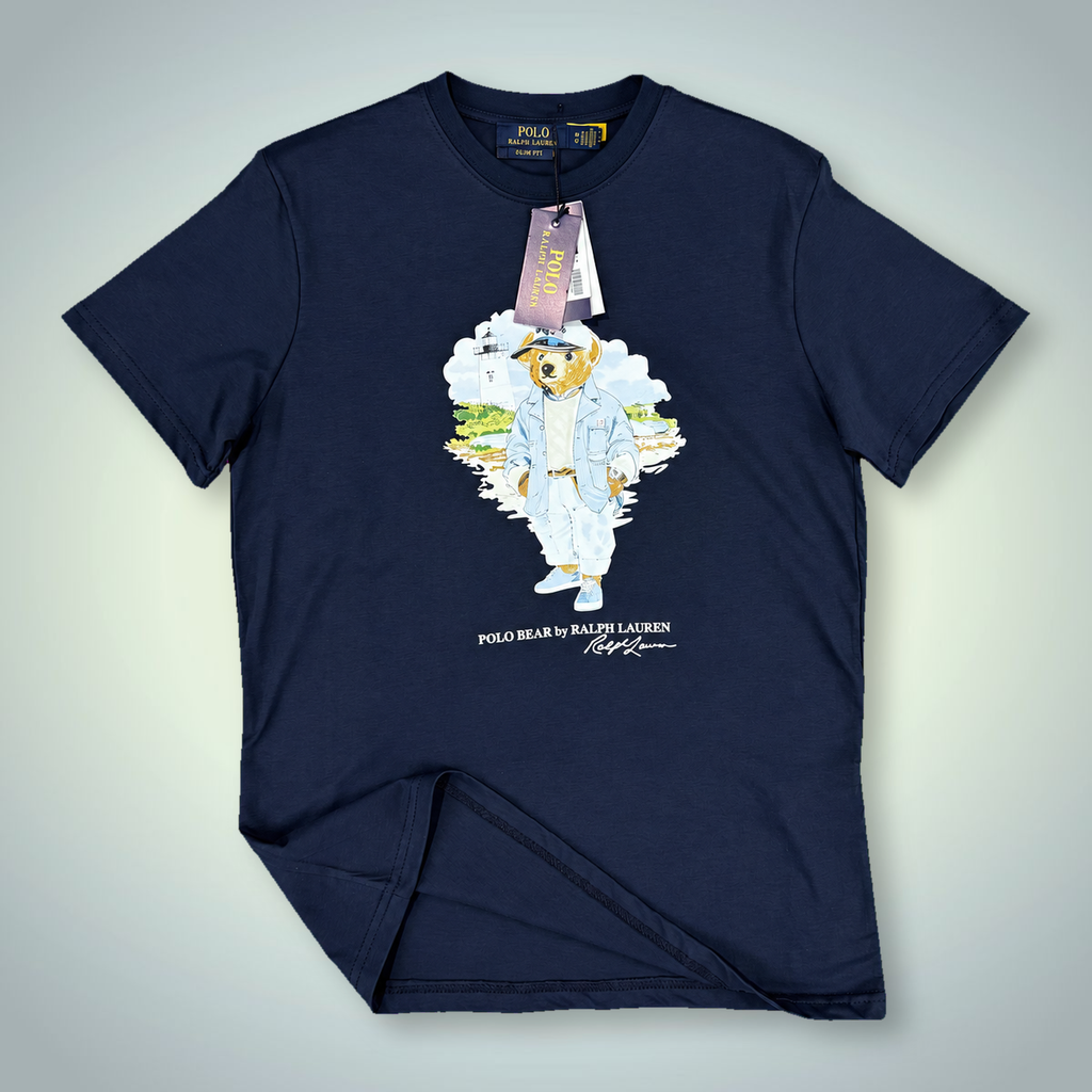Męska koszulka Ralph Lauren, nadruk miś marynarz, granatowa. Jakość premium