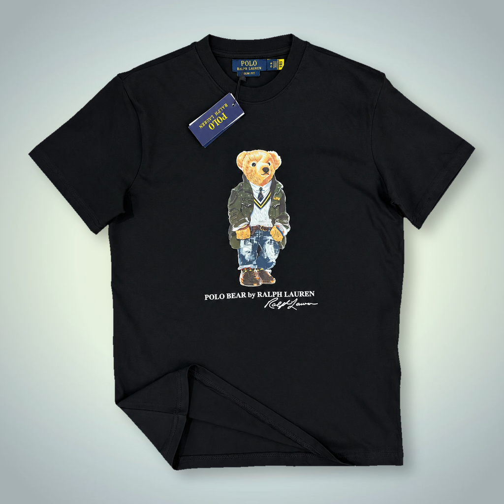 Męska koszulka Ralph Lauren, nadruk miś w mundurze, czarna. Jakość premium