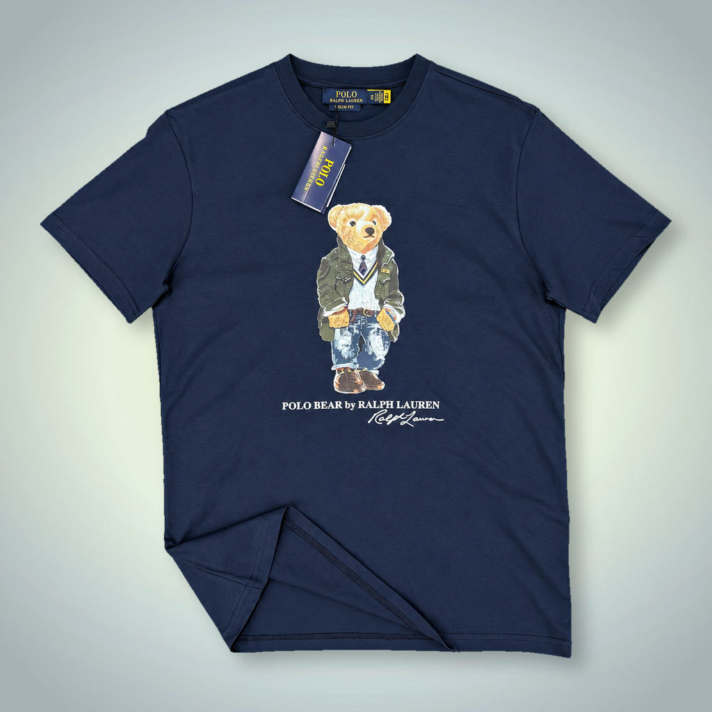 Męska koszulka Ralph Lauren, nadruk miś w mundurze, granatowa. Jakość premium