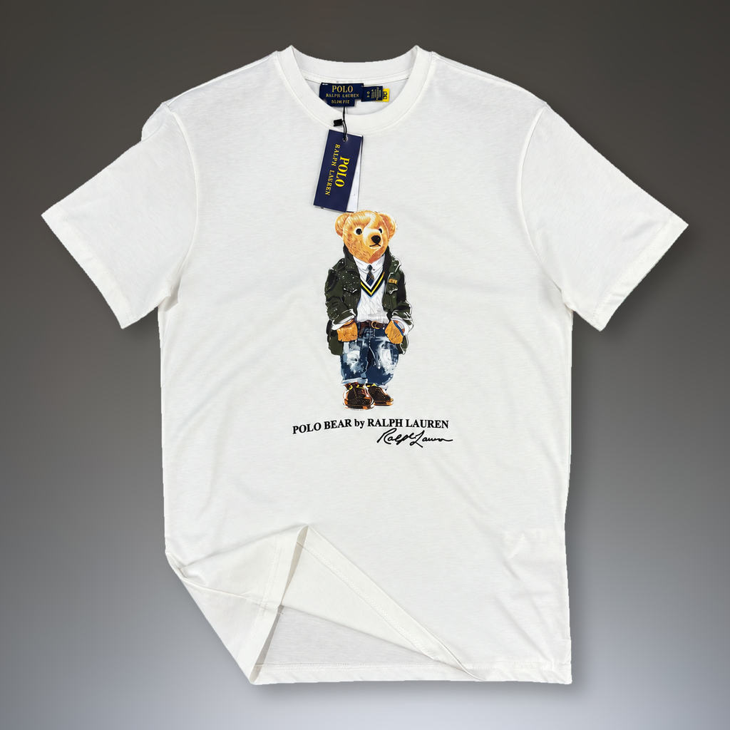 Męska koszulka Ralph Lauren, nadruk miś w mundurze, biała. Jakość premium