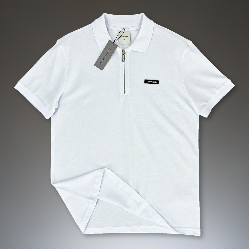Męska koszulka polo Calvin Klein z zamkiem, biała. Jakość premium