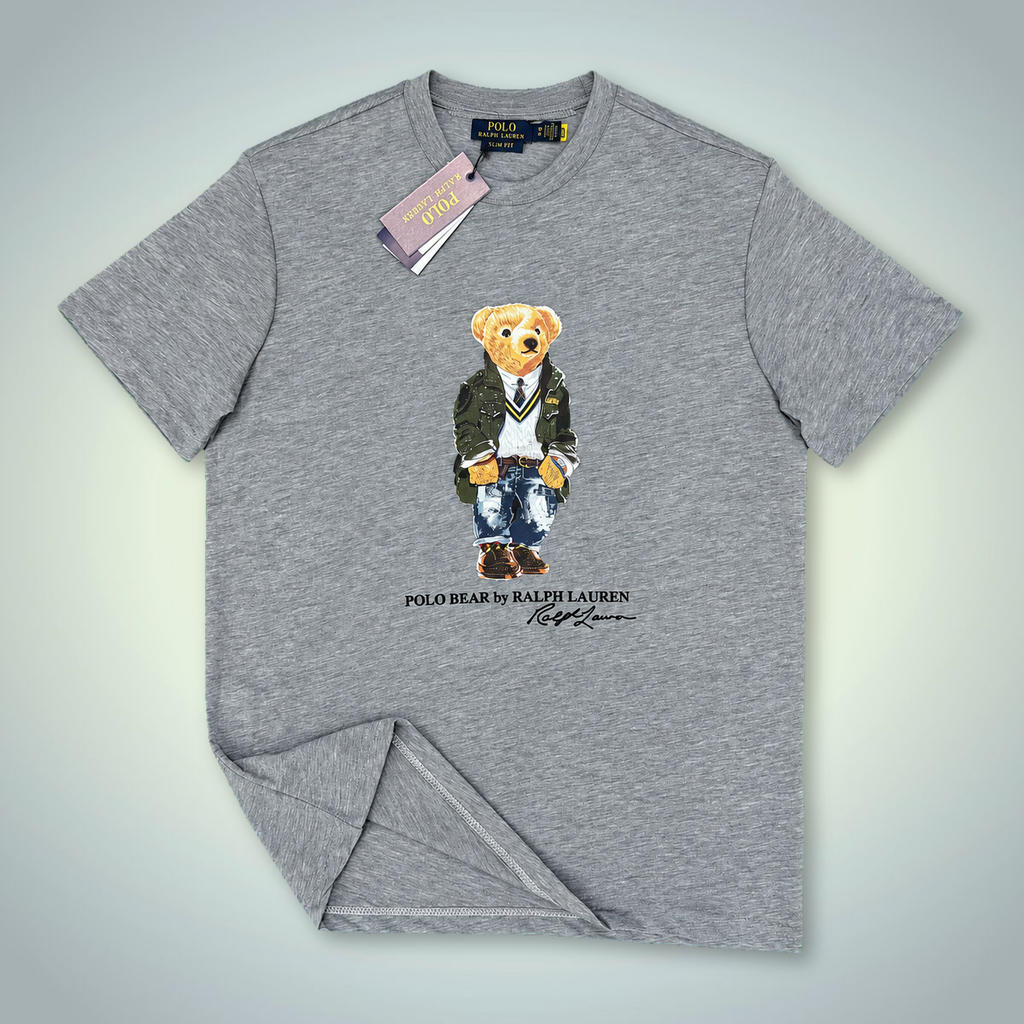 Męska koszulka Ralph Lauren, nadruk miś w mundurze, klasyczna szara. Jakość premium