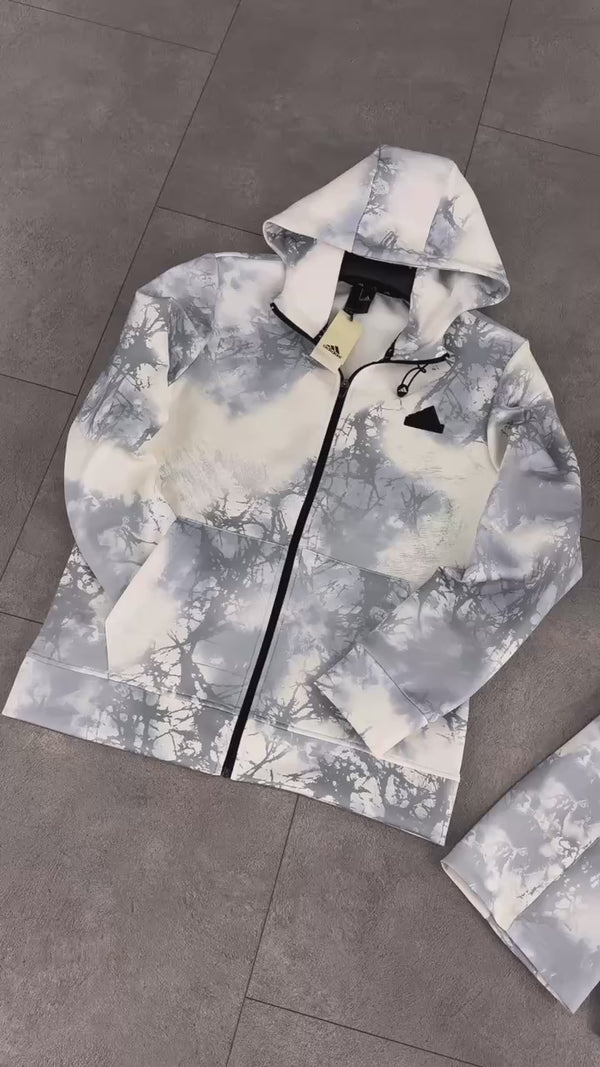 Adidas męski dres 2025, rozmyty wzór, biało-szary. Premium jakość