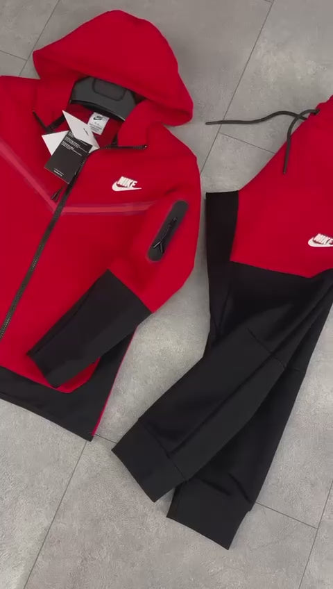Nike Tech Fleece dziecięcy dres, czerwono-czarny. Premium jakość