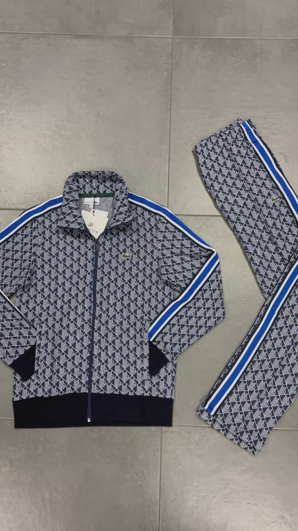 Dres męski Lacoste, żakardowy monogram, granatowo-biały. Jakość premium