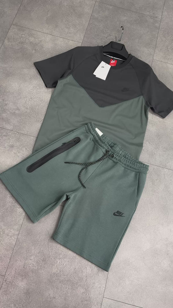 Komplet męski Nike Tech Fleece z szortami, szałwiowo-zielono-grafitowy. Jakość premium