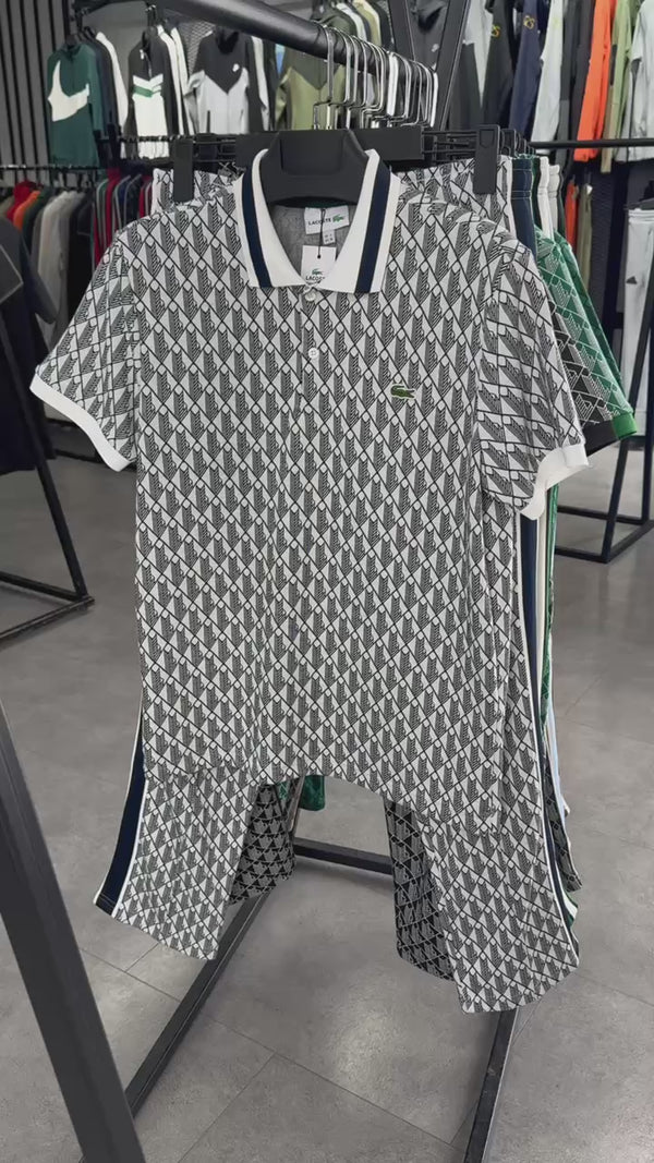 Komplet letni męski Lacoste, polo żakardowe, czarny - granatowy. Jakość premium