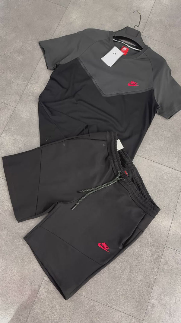 Komplet męski Nike Tech Fleece z szortami, czarno-grafitowy, czerwone logo. Jakość premium